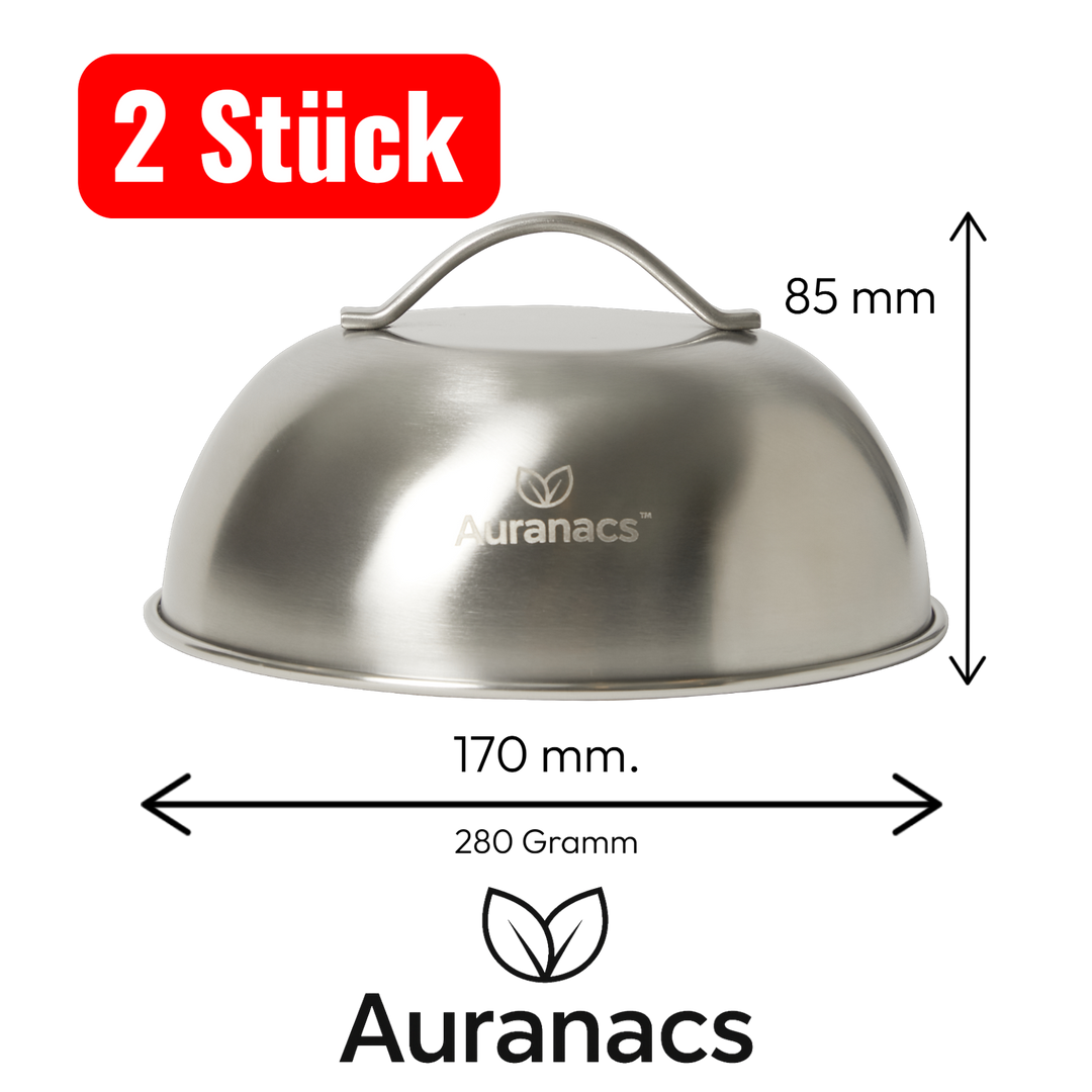 AURANACS® Texas | Set de 2 hottes de fonte et de cuisson en acier inoxydable (Ø 170 mm) | pour burgers, grillades &amp; plancha | fonte rapide du fromage &amp; chaleur homogène | hotte vapeur avec poignée | robuste &amp; lavable au lave-vaisselle