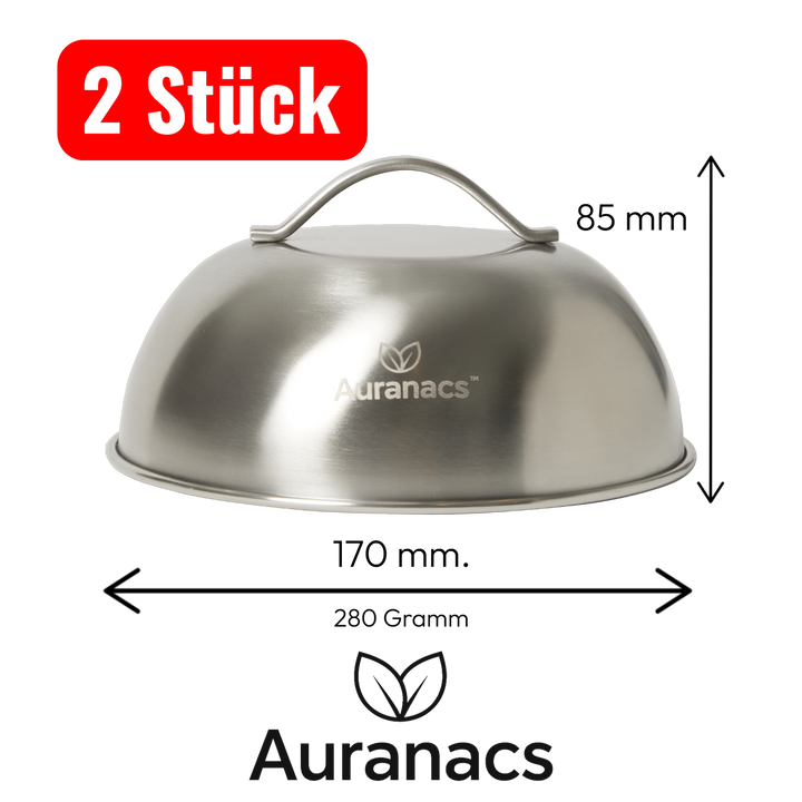 AURANACS® Texas | Set de 2 hottes de fonte et de cuisson en acier inoxydable (Ø 170 mm) | pour burgers, grillades &amp; plancha | fonte rapide du fromage &amp; chaleur homogène | hotte vapeur avec poignée | robuste &amp; lavable au lave-vaisselle