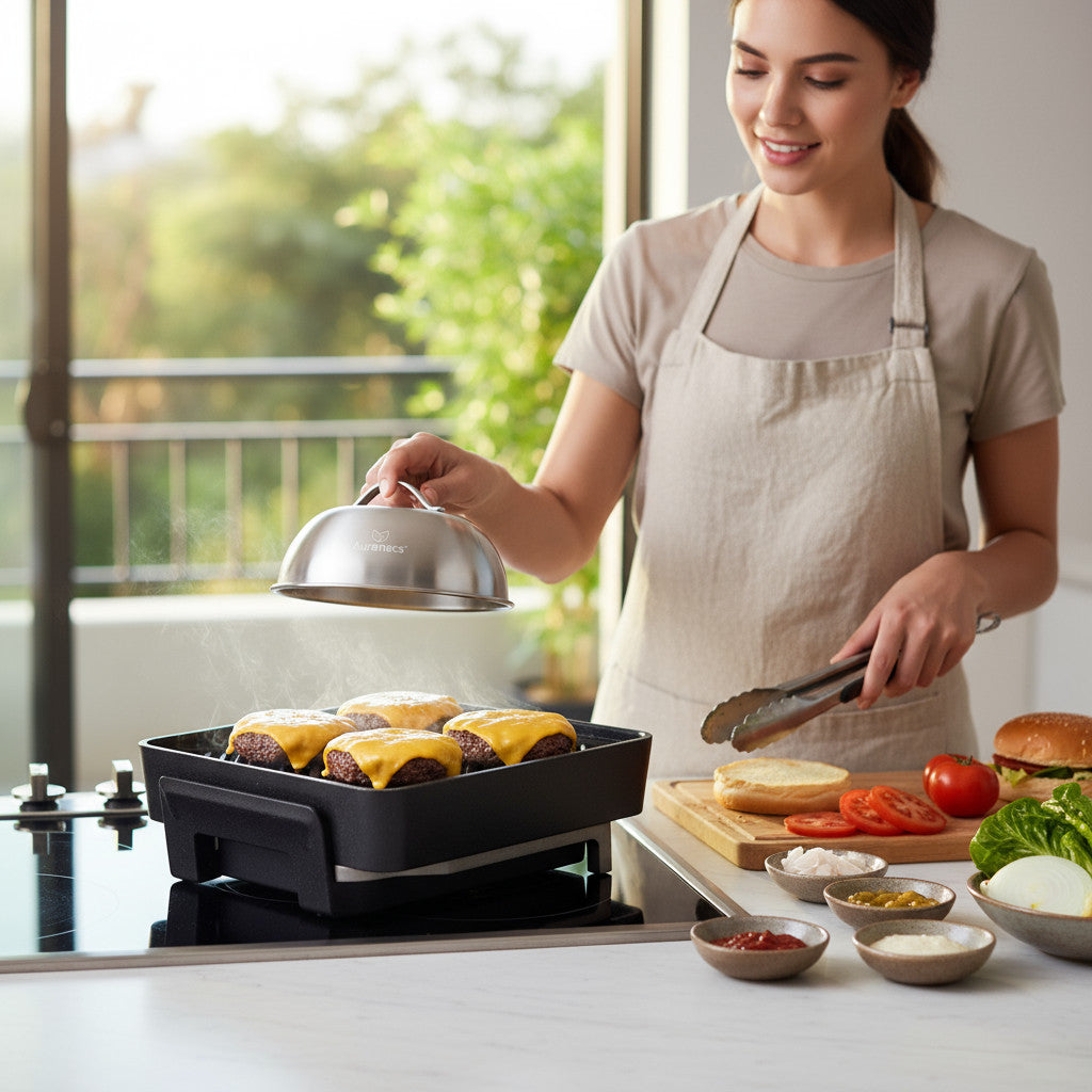 AURANACS® Texas | Set de 2 hottes de fonte et de cuisson en acier inoxydable (Ø 170 mm) | pour burgers, grillades &amp; plancha | fonte rapide du fromage &amp; chaleur homogène | hotte vapeur avec poignée | robuste &amp; lavable au lave-vaisselle