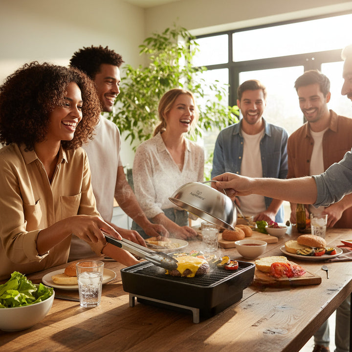 AURANACS® Texas | Set de 2 hottes de fonte et de cuisson en acier inoxydable (Ø 170 mm) | pour burgers, grillades &amp; plancha | fonte rapide du fromage &amp; chaleur homogène | hotte vapeur avec poignée | robuste &amp; lavable au lave-vaisselle