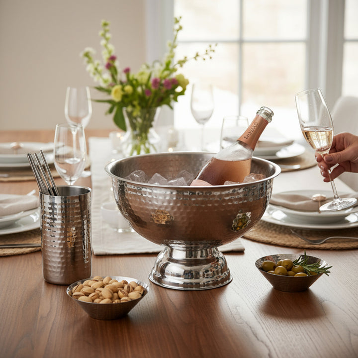 AURANACS® Bourgogne | Coppa per champagne in acciaio inox | Finitura a specchio e a martello | Grande dispenser per champagne Ø 40 cm | Raffreddatore per vino con base profonda | Design elegante per feste ed eventi