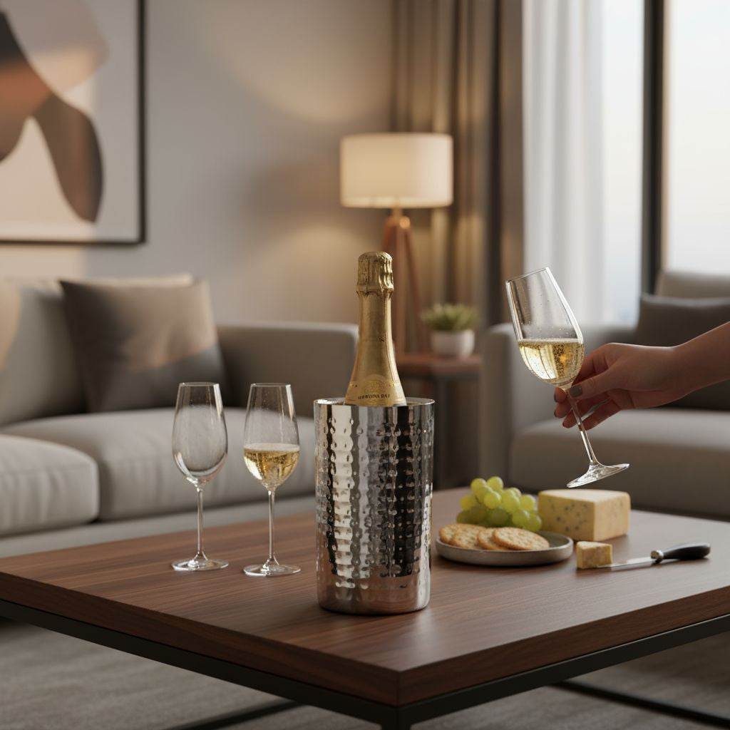AURANACS® Santorini | Stainless steel wine cooler | Elegant champagne cooler with mirror-polished &amp; hammered surface | Double-walled insulated champagne cooler | Ø 12 cm | For restaurants &amp; at home
