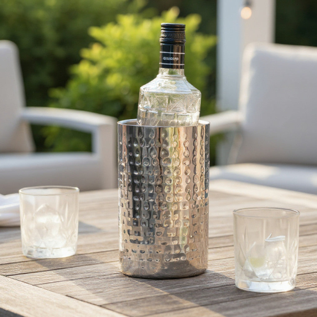 AURANACS® Santorini | Stainless steel wine cooler | Elegant champagne cooler with mirror-polished &amp; hammered surface | Double-walled insulated champagne cooler | Ø 12 cm | For restaurants &amp; at home