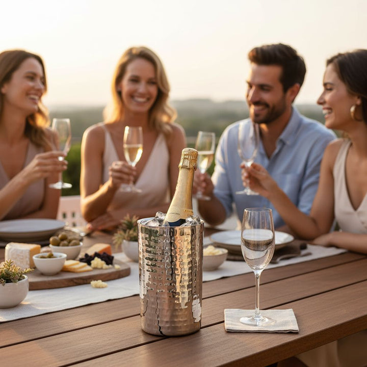 AURANACS® Santorini | Stainless steel wine cooler | Elegant champagne cooler with mirror-polished &amp; hammered surface | Double-walled insulated champagne cooler | Ø 12 cm | For restaurants &amp; at home