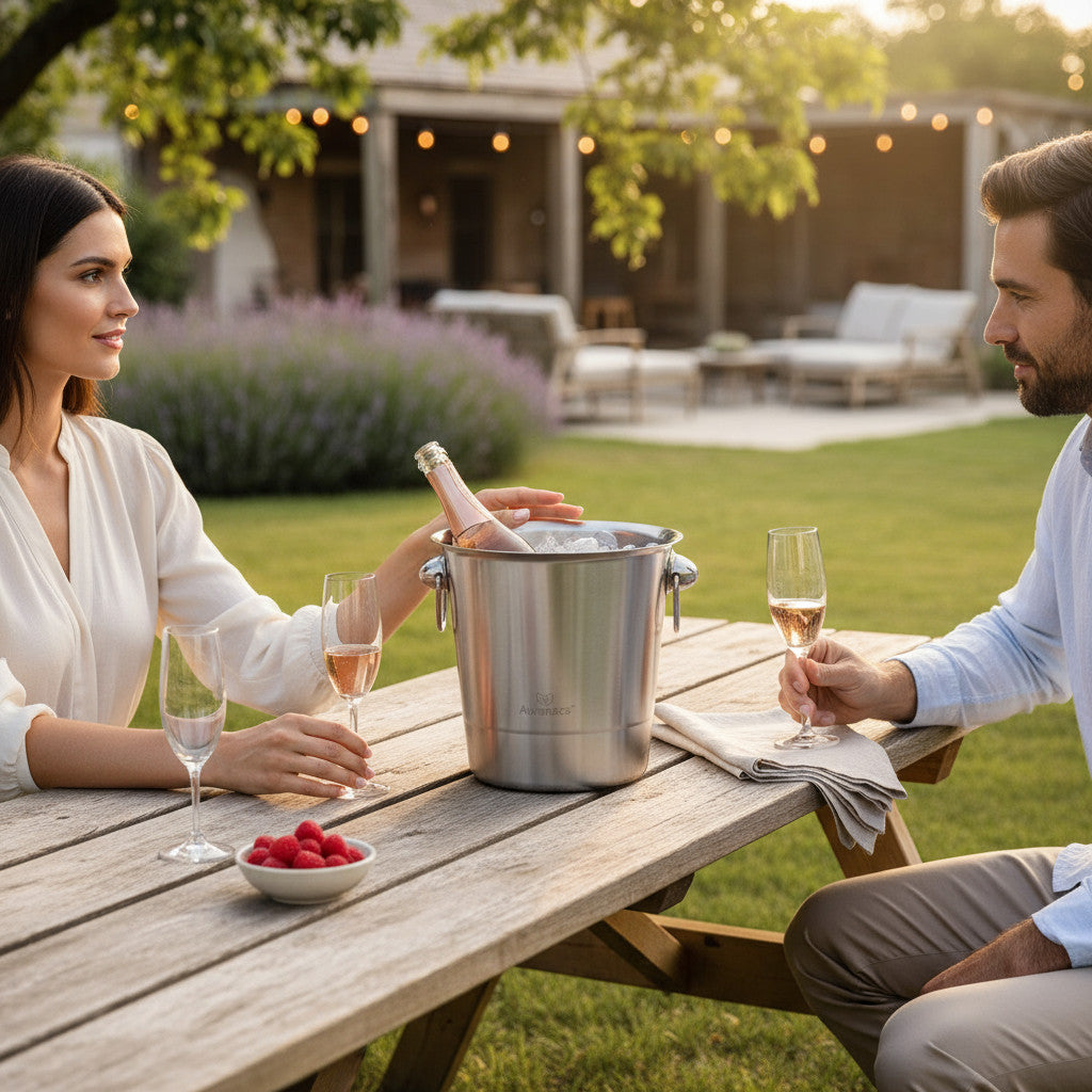 AURANACS® Tuscany | Refrigeratore per vino in acciaio inox | Elegante refrigeratore per champagne con capacità di 4,5 litri | Refrigeratore per champagne con finitura opaca | Secchiello per ghiaccio con 2 maniglie | Ø 20 cm | Perfetto per le feste