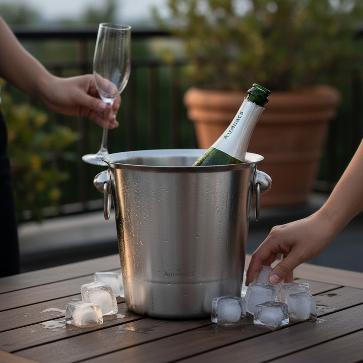 AURANACS® Tuscany | Refrigeratore per vino in acciaio inox | Elegante refrigeratore per champagne con capacità di 4,5 litri | Refrigeratore per champagne con finitura opaca | Secchiello per ghiaccio con 2 maniglie | Ø 20 cm | Perfetto per le feste