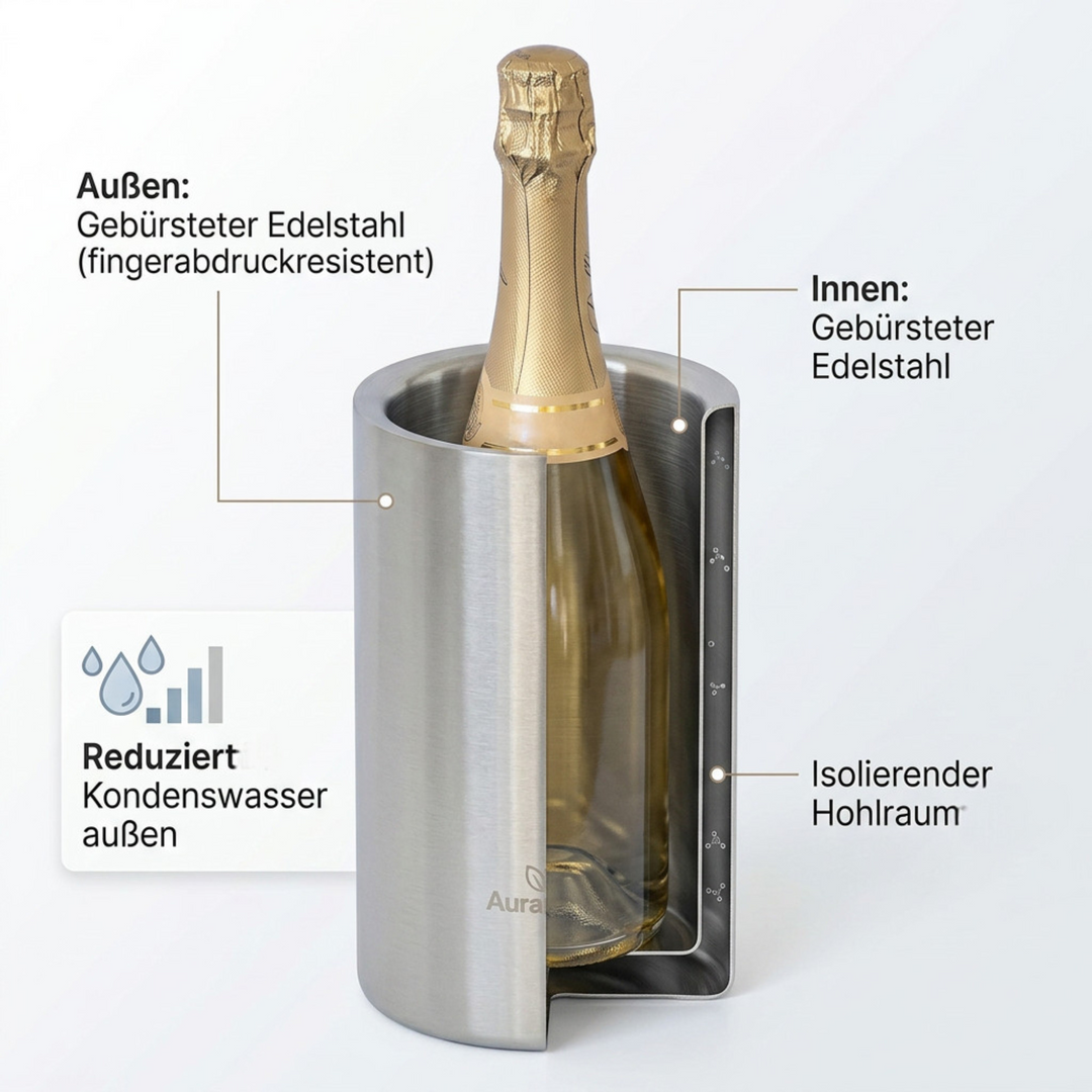 AURANACS® Elsass | Flaschenkühler aus matt gebürstetem Edelstahl | Doppelwandiger Weinkühler mit Isolierung | Eleganter Champagnerkühler