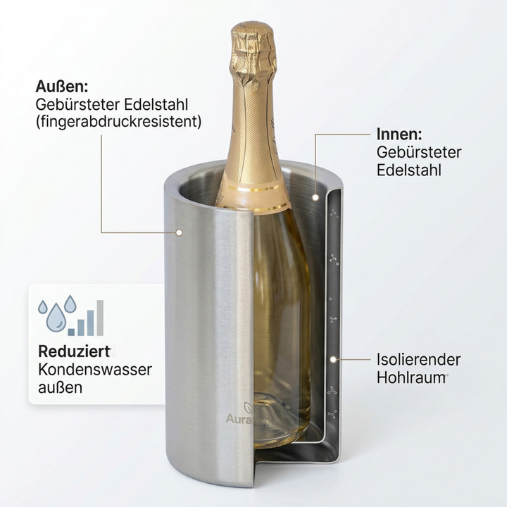 AURANACS® Elsass | Flaschenkühler aus matt gebürstetem Edelstahl | Doppelwandiger Weinkühler mit Isolierung | Eleganter Champagnerkühler