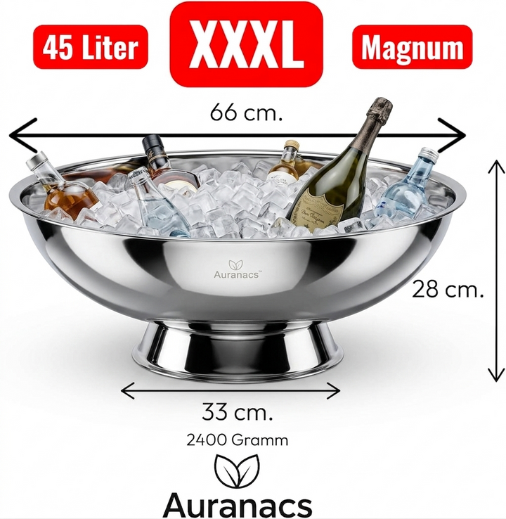AURANACS® Maximus | Impériale Edelstahl-XXXL Bowl | Spiegelpolierte Getränkekühler-Bowl | Gigantische Ø 66 cm | Für Champagner, Wein &amp; Bier