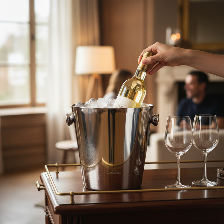 AURANACS® Calypso | Seau à champagne en acier inoxydable | Seau à champagne isolé à double paroi | Seau à vin poli miroir | Capacité 4,5L | 2 poignées | Ø 22cm | Idéal pour les fêtes et le restaurant