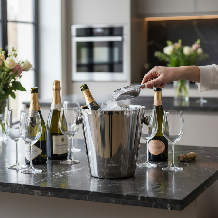 AURANACS® Calypso | Seau à champagne en acier inoxydable | Seau à champagne isolé à double paroi | Seau à vin poli miroir | Capacité 4,5L | 2 poignées | Ø 22cm | Idéal pour les fêtes et le restaurant