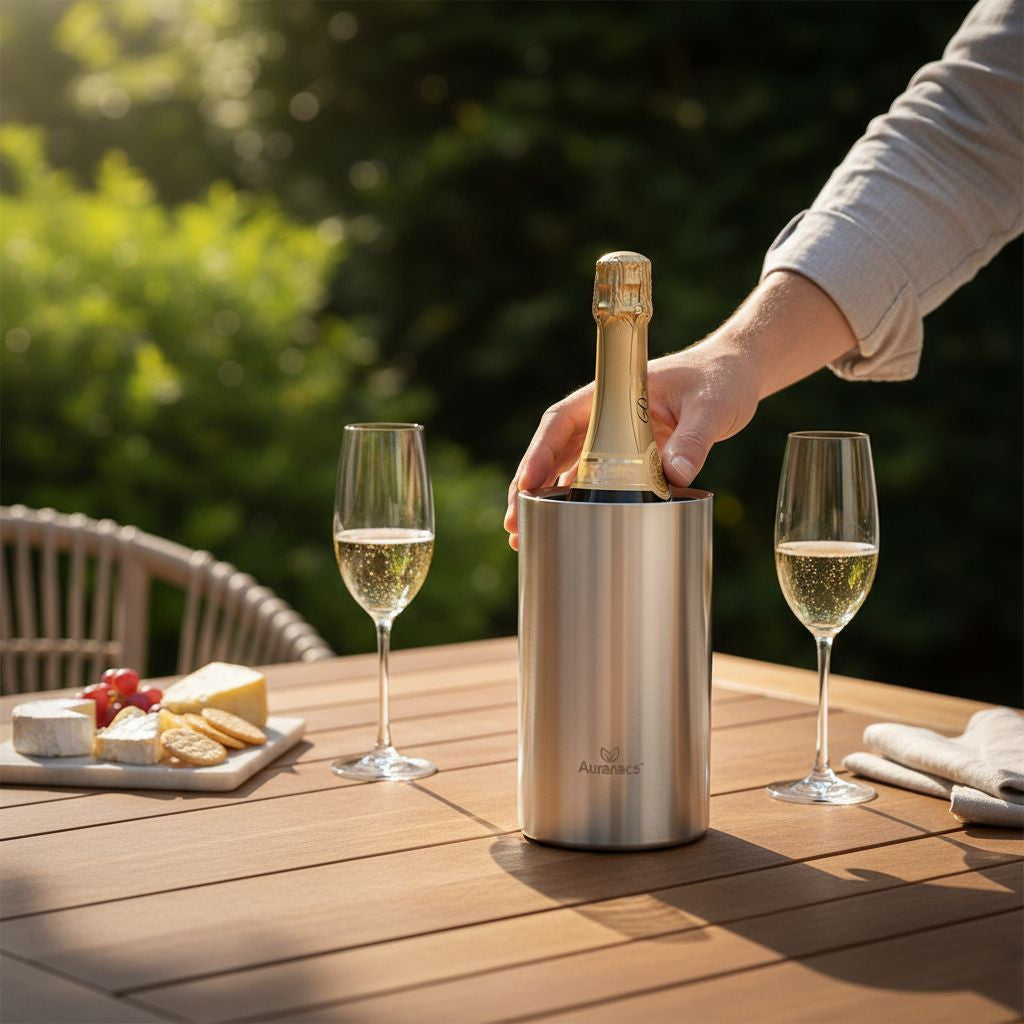 AURANACS® Alsace | Seau à bouteilles en acier inoxydable brossé mat | Seau à vin à double paroi avec isolation | Seau à champagne élégant | Seau à champagne Ø 12 cm | Idéal pour les fêtes, les restaurants & la maison