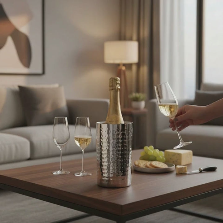 AURANACS® Santorini | Stainless steel wine cooler | Elegant champagne cooler with mirror-polished &amp; hammered surface | Double-walled insulated champagne cooler | Ø 12 cm | For restaurants &amp; at home