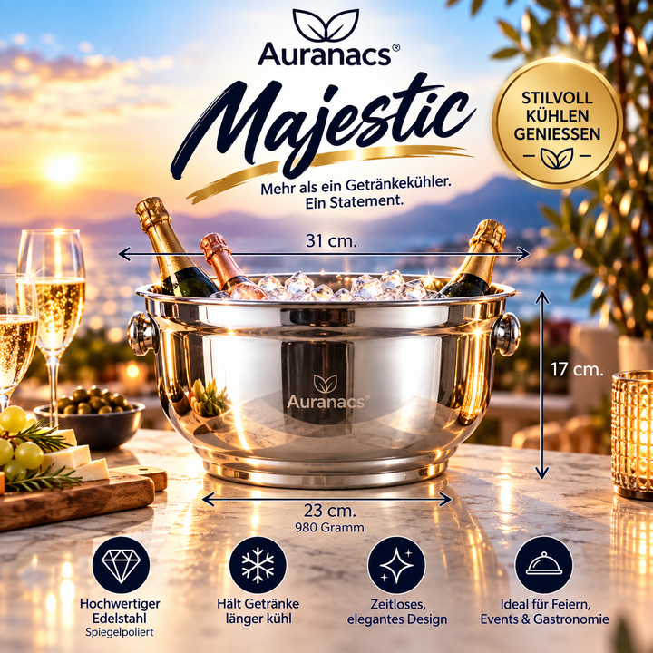 AURANACS® Majestic | Champagnerkühler aus spiegelpoliertem Edelstahl | Große Bowl für Champagner &amp; Wein | Ø 31 cm