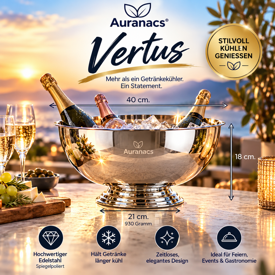 AURANACS® Vertus | Champagnerschale aus Edelstahl | Spiegelpolierte Bowl mit exklusivem Fuß | Großer Sektkühler Ø 40 cm